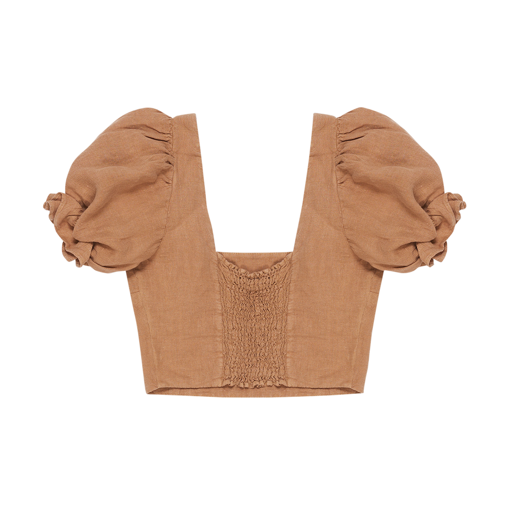 MAMA Long Beach Puff Sleeve Cropped Linen Blouse